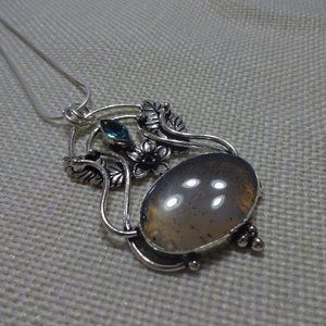 Unique "TOURMALINE QUARTZ & BLUE TOPAZ" Handmade FLORAL Sterling Pendant/Chain